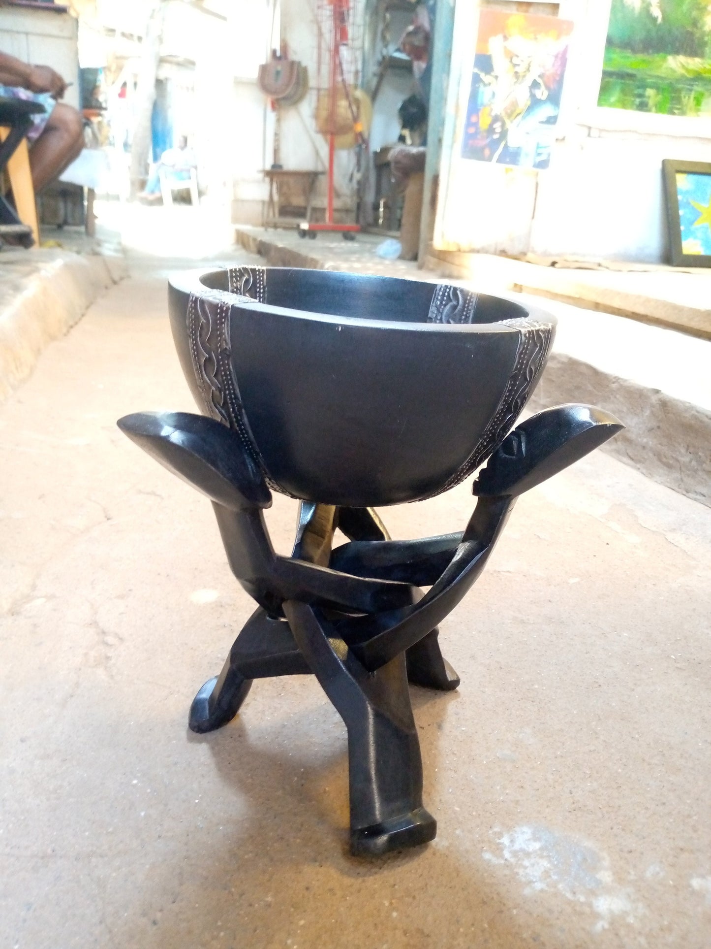 African Carved Wood Foldable Stand Bowl