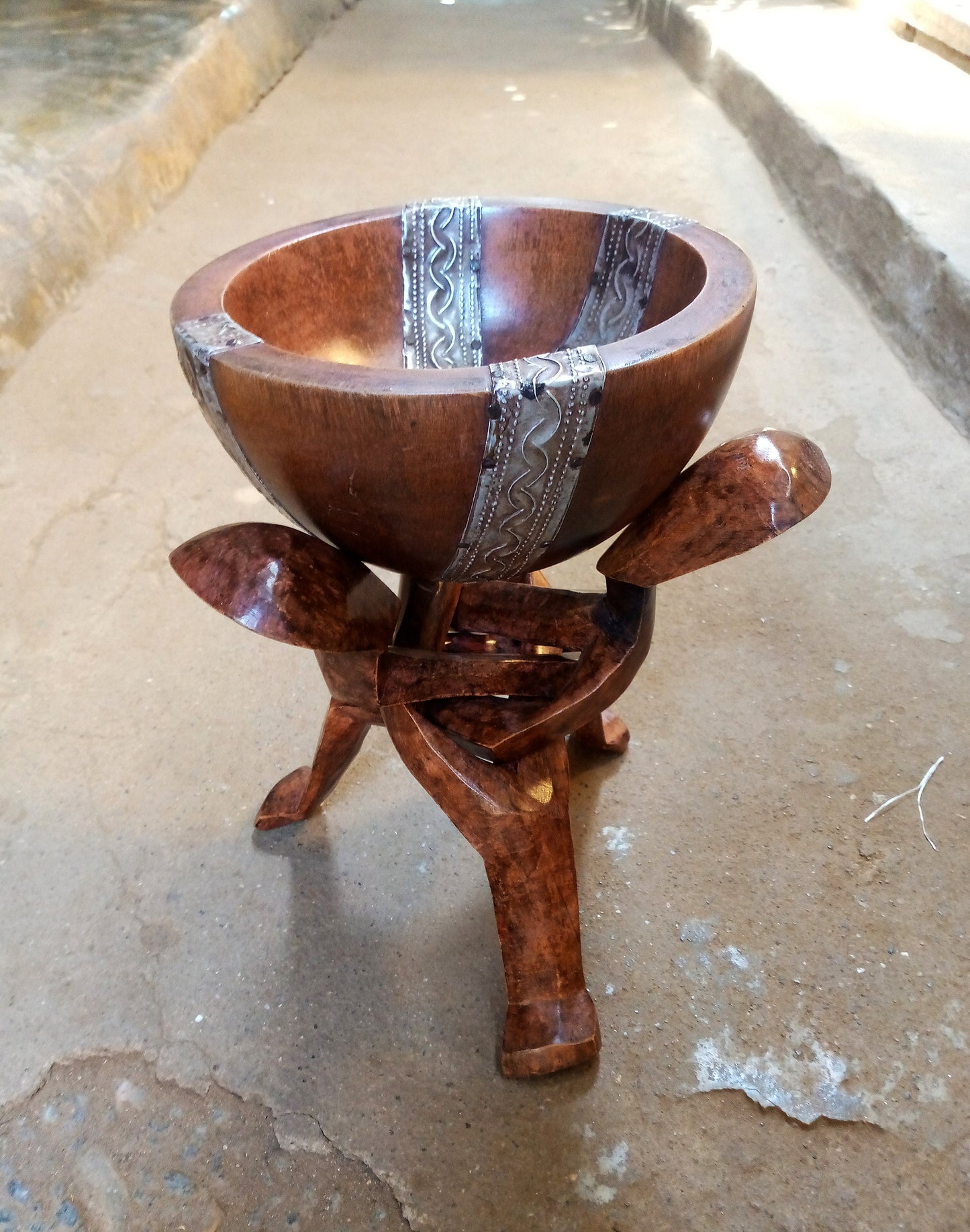 African Carved Wood Foldable Stand Bowl