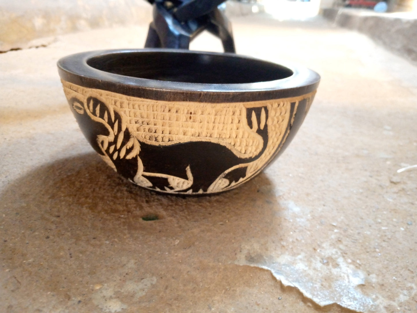 African Carved Wood Foldable Stand Bowl