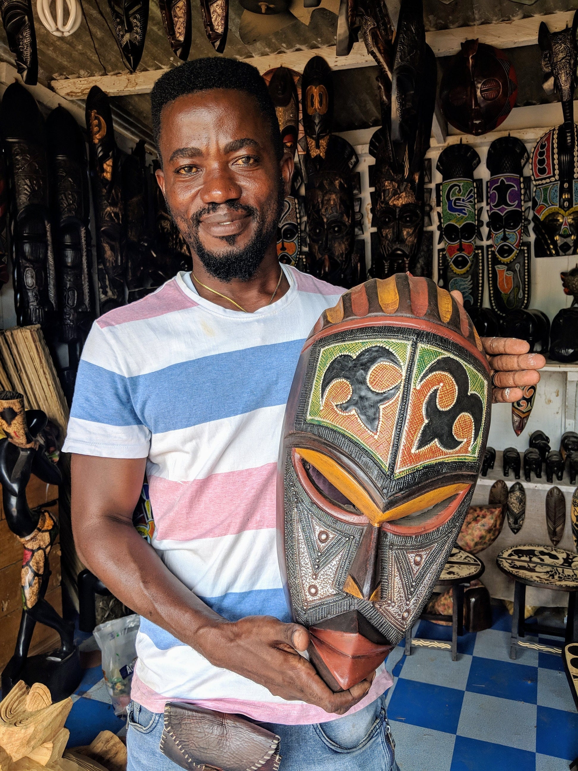 hand-carved African wooden wall mask, tribal mask for home decor, unique African art wall decoration